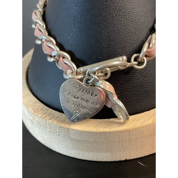 Breast Cancer Awareness Bracelet Woven Pink Ribbon Charm Silver Chain Adjustable - Picture 3 of 4